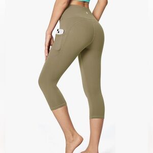 IUGA High Waisted Olive Yoga Pants Women Pockets Capri Workout Leggings Large‎